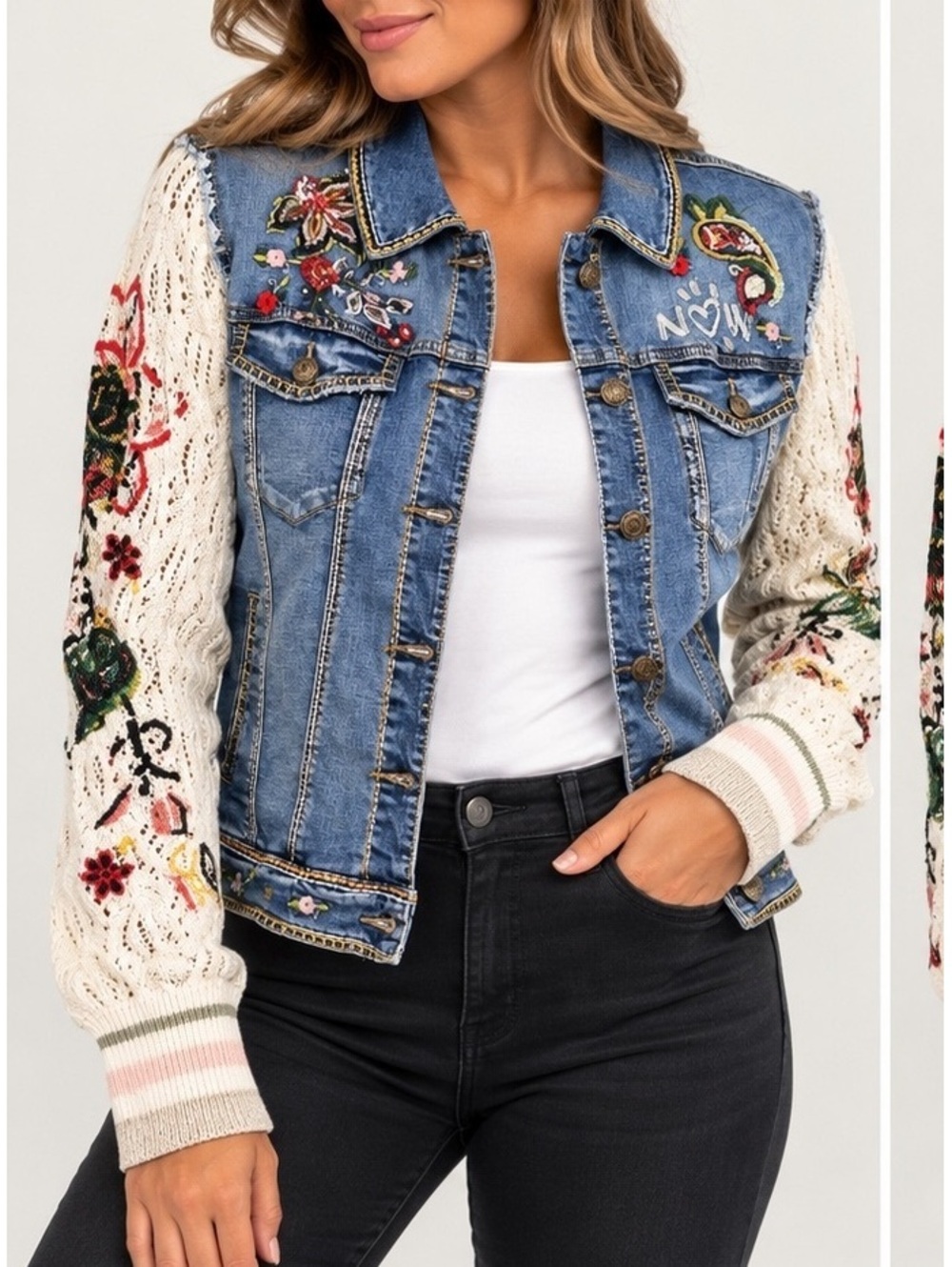 Desigual Women's Denim Jacket Size 44 Embroidered Floral Crochet Knit Sleeves